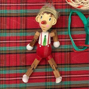 Vintage Christmas Pinocchio Wooden Ornament Hand Painted Feather